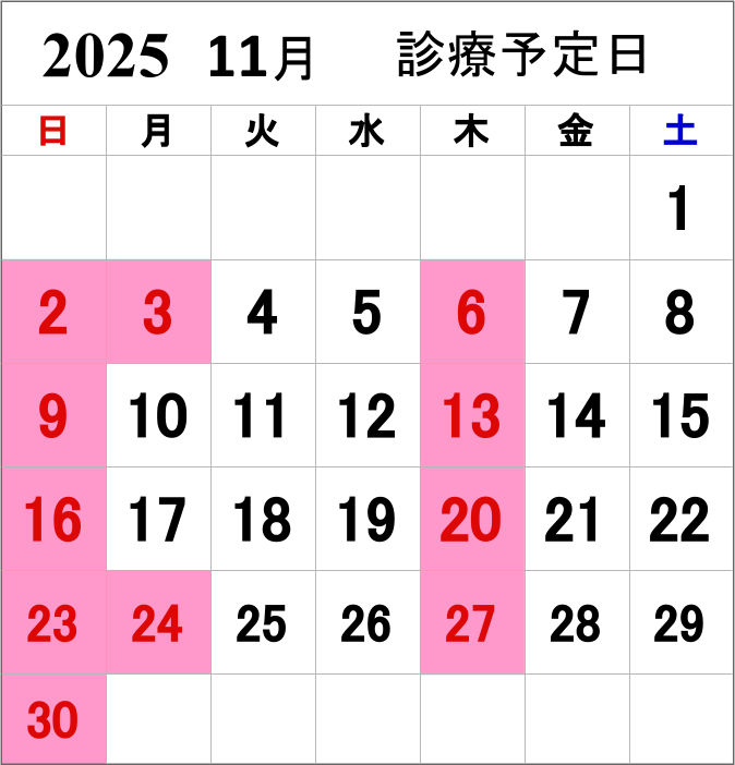 今月の診療予定カレンダー